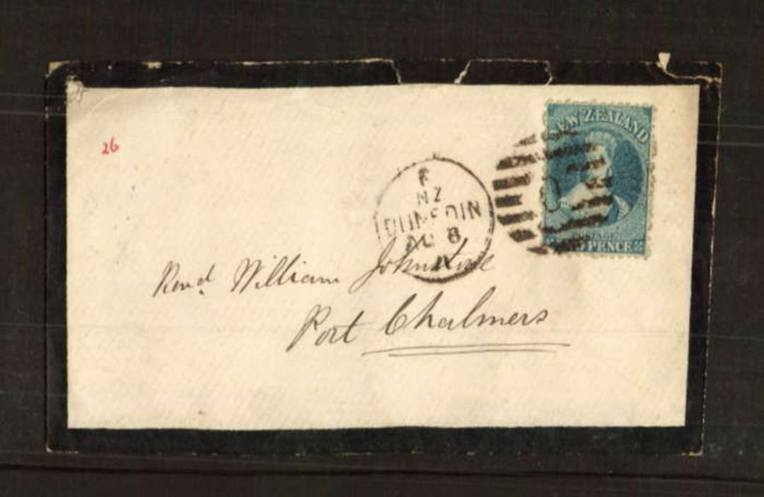 NEW ZEALAND 1871 Mourning Cover from Dunedin to the Rev'd William Johnstone of Port Chalmers with 2d Full Face Queen. Backstamp. image 0