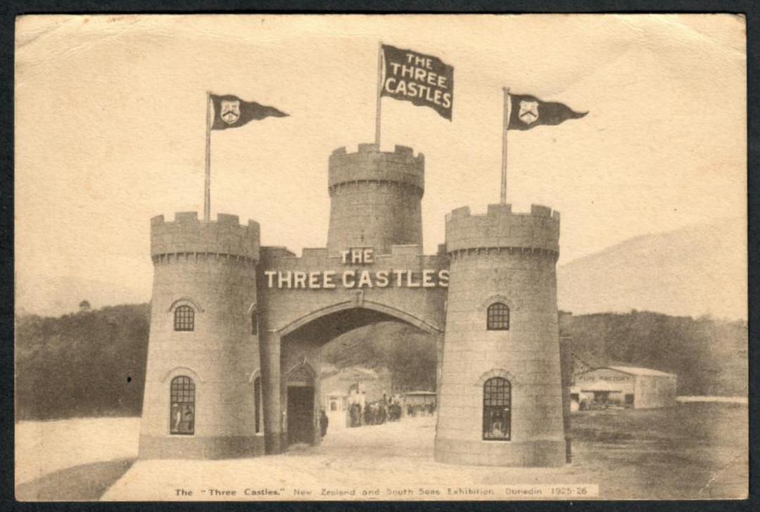 NEW ZEALAND 1925 Real Photograph of the Three Castle Dunedin Exhibition with the ½d stamp imprinted on to the card. Perfect mint image 1