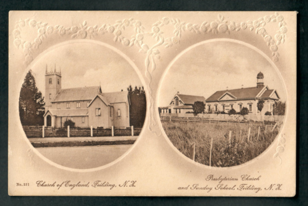 Real Photograph of Church of England and Presbyterian Church Feilding. - 47274 - Postcard image 0