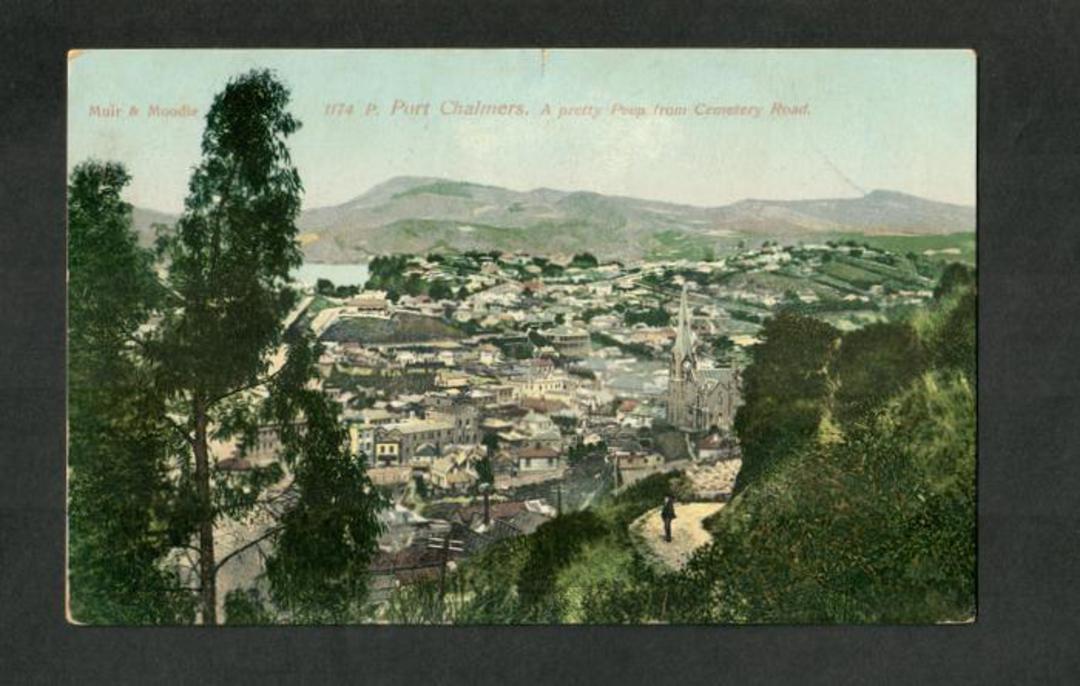 Coloured postcard by Muir and Moodie of Port Chalmers from Cemetery Road. - 249129 - Postcard image 0