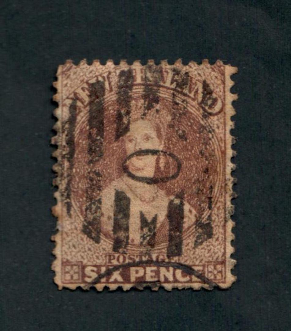 NEW ZEALAND 1862 Victoria 1st Full Face Queen 6d Black-Brown. Perf 13. Numeral cancel 0. - 39056 - Used image 0