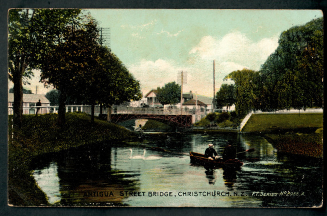 Coloured Postcard of Antigua Street Bridge Christchurch. - 48303 - Postcard image 0