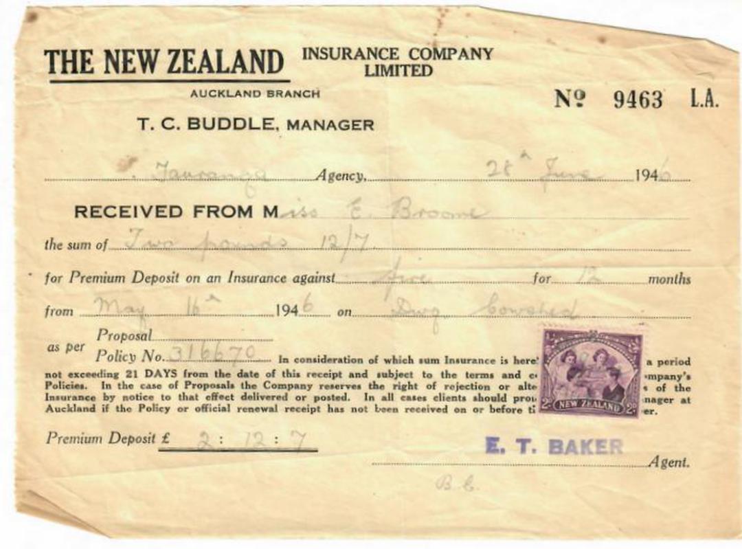 NEW ZEALAND 1941 New Zealand Insurance Receipt with Geo 6th overprint 2d. - 53753 - Fiscal image 0