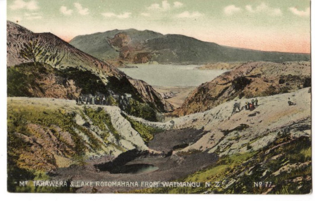 Coloured postcard of Mt Tarawera and Lake Rotomahana drom Waimangu. - 245930 - Postcard image 0