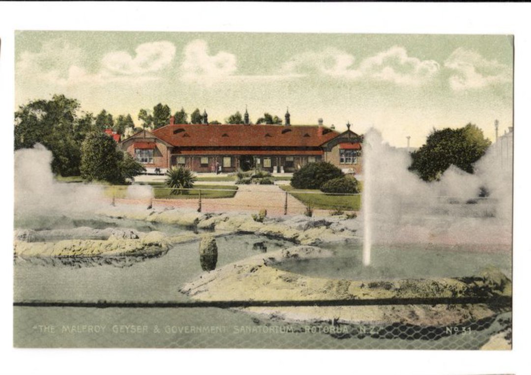 Coloured postcard of The Malfroy Geyser and Government Sanitorium - 46091 - Postcard image 0