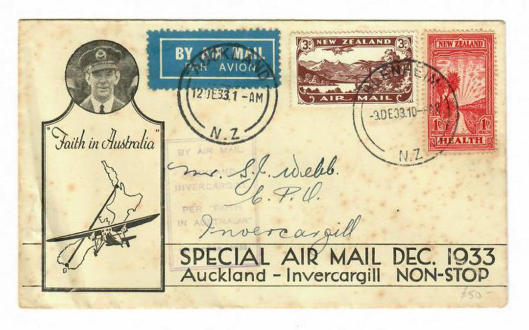 NEW ZEALAND 1933 Flight cover Special Air Mail December 1933 from Auckland to iInvercargill. Rust. - 30171 - PostalHist image 0
