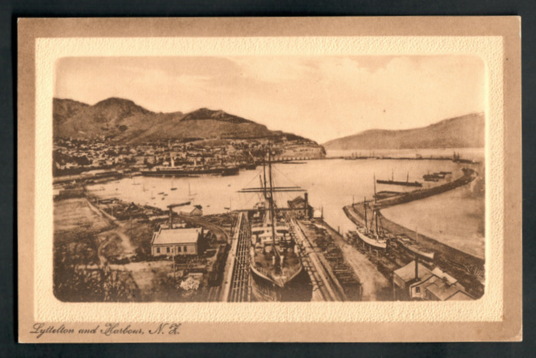 Sepia Postcard of Lyttleton and Harbour. Ship in Dry Dock. - 48334 - Postcard image 0