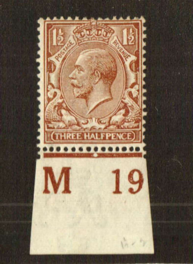 GREAT BRITAIN 1912 George 5th Definitive 1½d Yellow-Brown. Control M19. - 70759 - LHM image 0