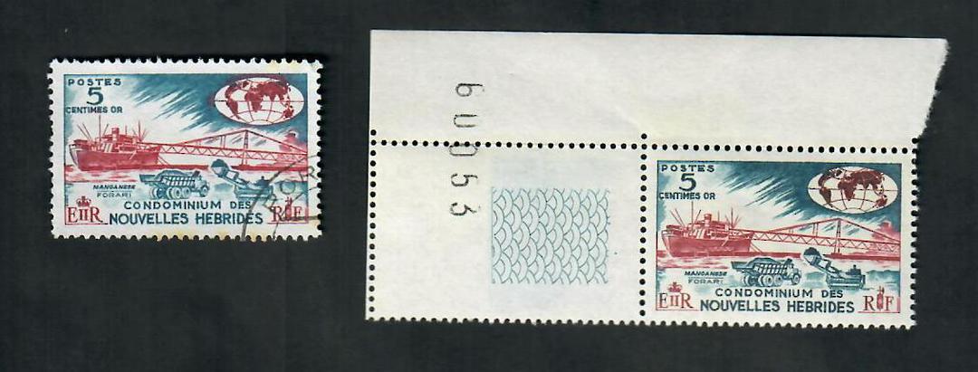 NOUVELLES HEBRIDES 1963 Definitive 5c Lake and Greenish Blue. The globe is the same colour as the ship. Postmarked 1972. An SG 1 image 0