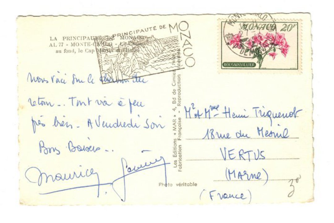 MONACO 1959 Postcard to France. image 0