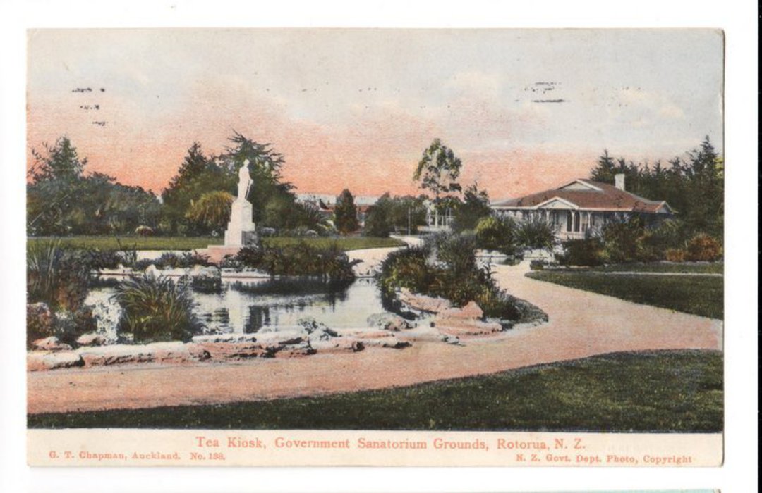 Coloured postcard of Tea Kiosk Government Sanitorium Grounds Rotorua. - 46023 - Postcard image 0