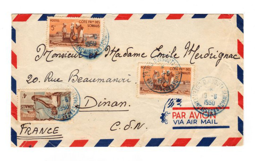 FRENCH SOMALI COAST 1950 Airmail Letter from Djibouti to France. - 38264 - PostalHist image 0