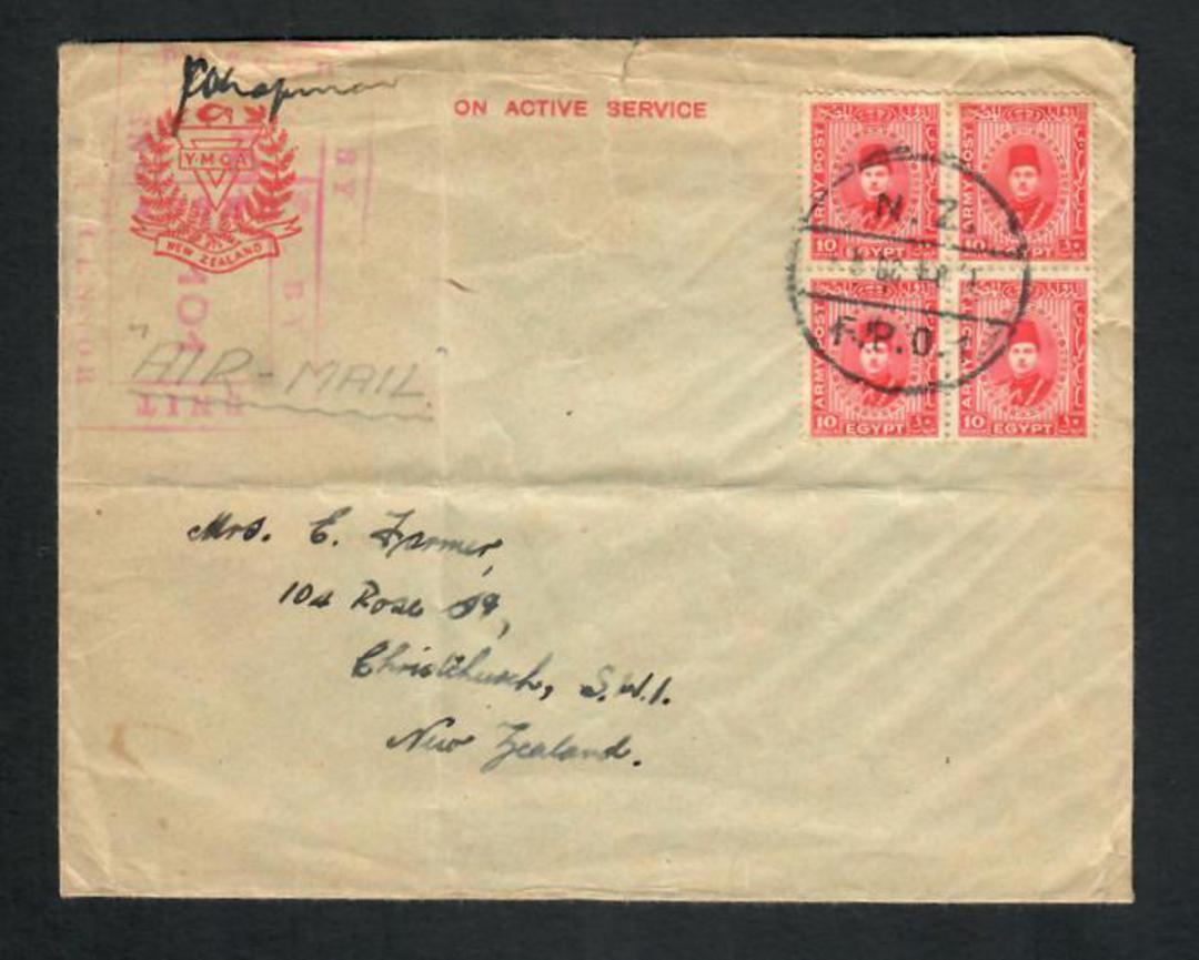 NEW ZEALAND 1940 Letter on YMCA envelope from Egypt to New Zealand. Block of 4 Army Post stamps cancelled by NZ FPO postmark. Sq image 0