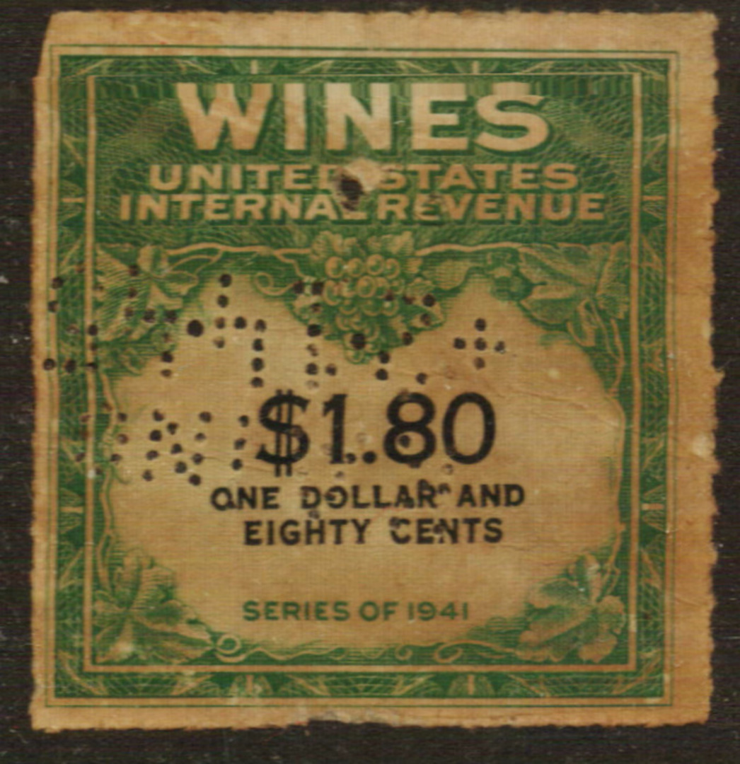 USA 1941 Internal Revenue Wines $1.80 Green and Black. Perfin. - 76109 - Fiscal image 0