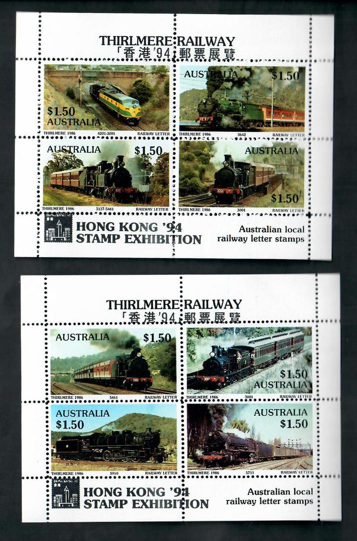 AUSTRALIA 1994 Thirlmere Railway. Pair of miniature sheets overprinted for the Hong Kong '94 International Stamp Exhibition. - 2 image 0
