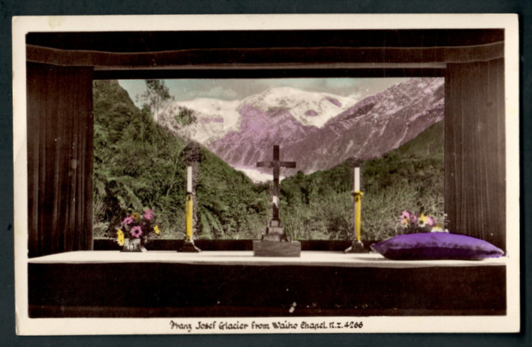 Real Photograph by A B Hurst & Son of Franz Josef Glacier from Waiho Chapel. - 248766 - Postcard image 0