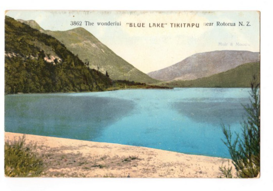Coloured Postcard by Muir & Moodie of Blue Lake Tikitapu. - 246069 - Postcard image 0