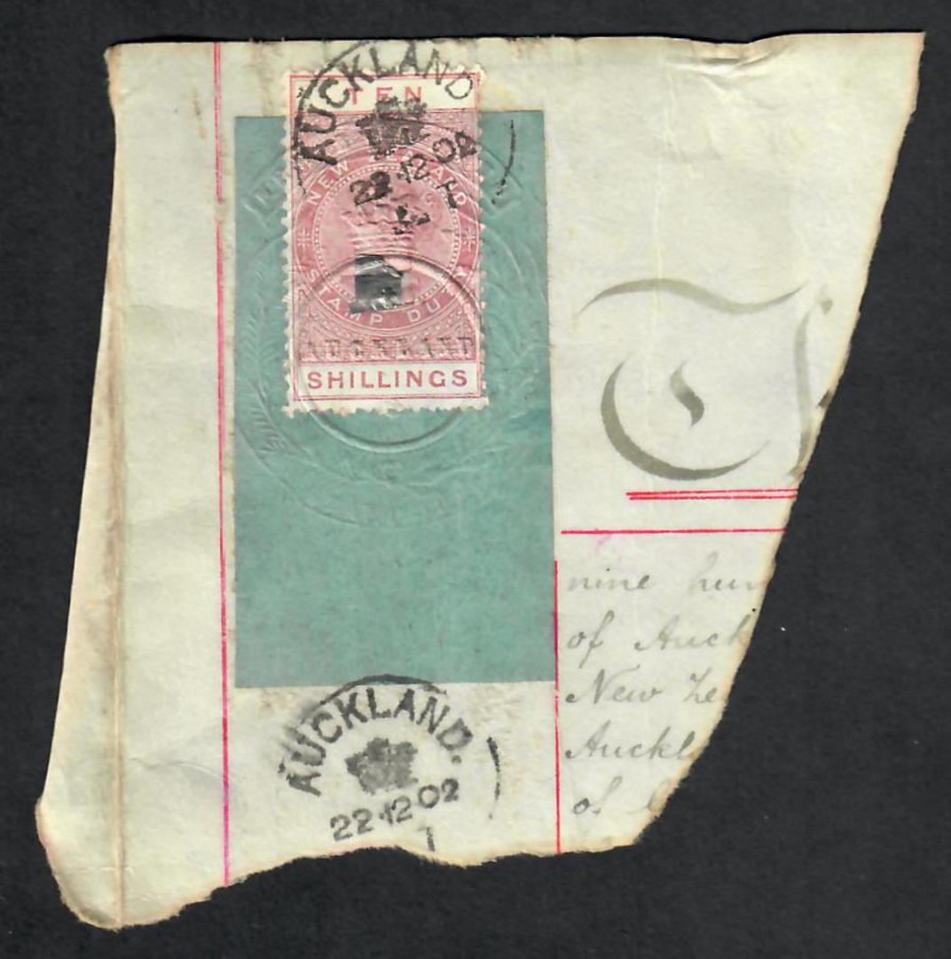 NEW ZEALAND 1902 Corner of document with Victoria 1st Long Type 10/- Fiscal. Backing Label intact. - 24860 - Fiscal image 0