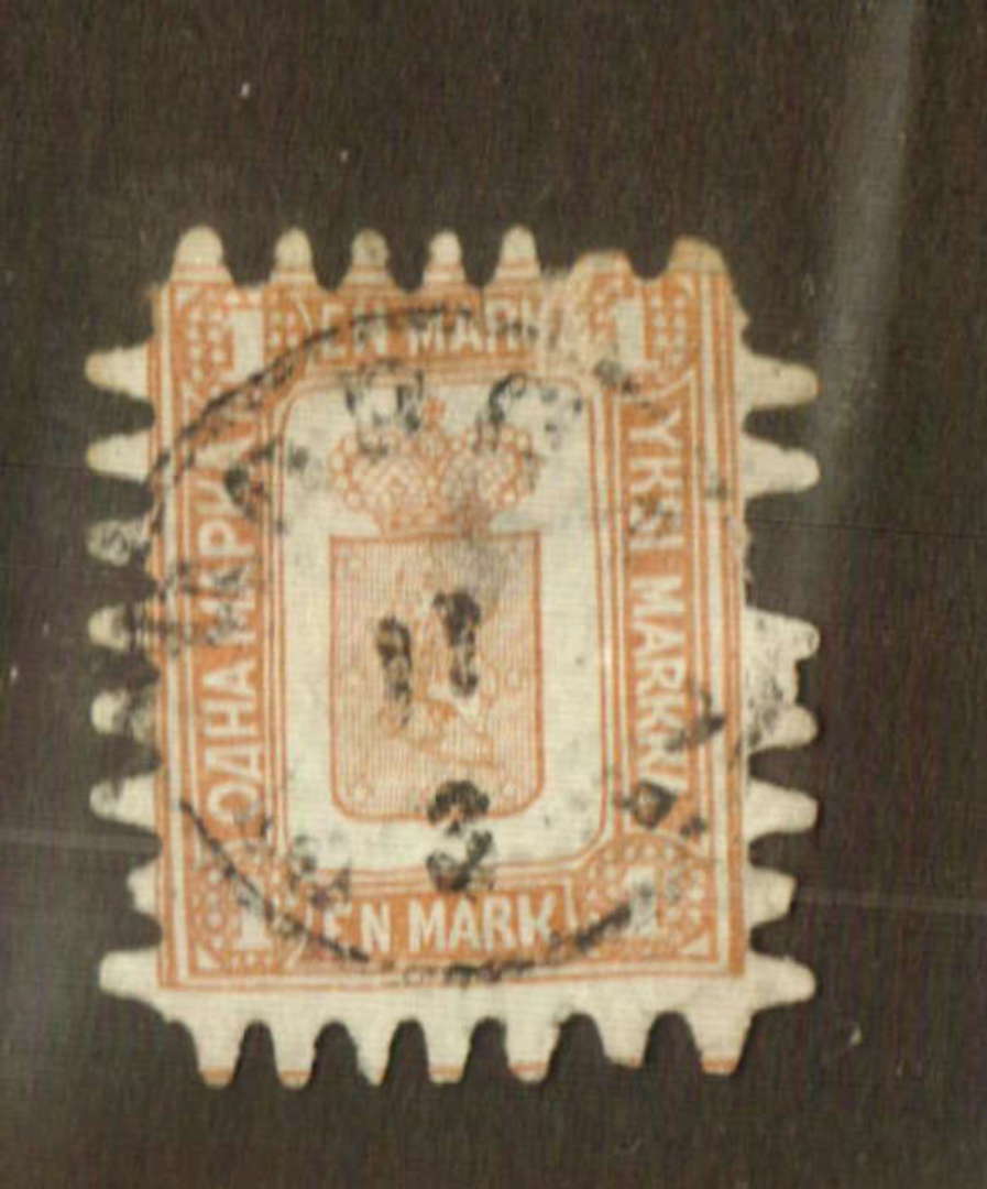 FINLAND 1866 Definitive 1 m Brown. Serpentine Roulettes 2.25 mm long (Roulette 7.1/4). A few missing teeth but still a fine copy image 0