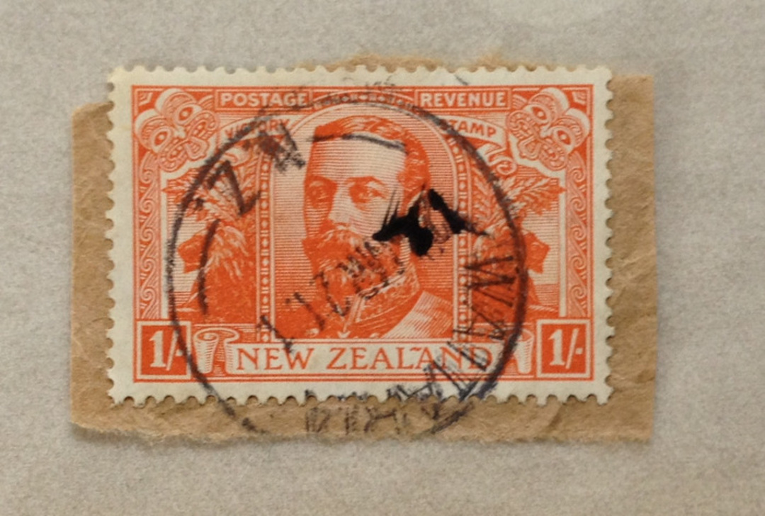 NEW ZEALAND Postmark Blenheim WAITARIA. J Class cancel on 1/- Victory dated 12/3/21. Use after the Post Office had been renamed image 0