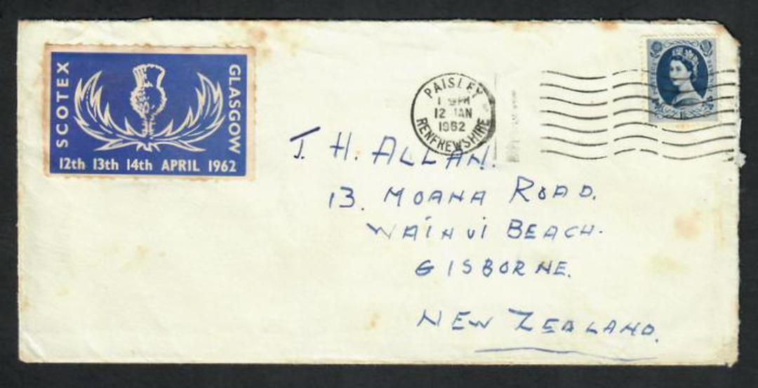 GREAT BRITAIN 1962 Letter from Paisley to New Zealand with two Scotex Glasgow cinderellas. Toning and untidy. - 31839 - PostalHi image 0