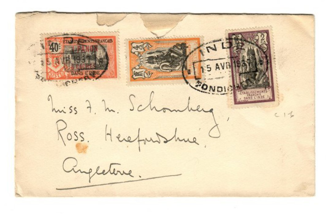 FRENCH INDIAN SETTLEMENTS 1937 Letter from Pondicherry to England. - 37512 - PostalHist image 0