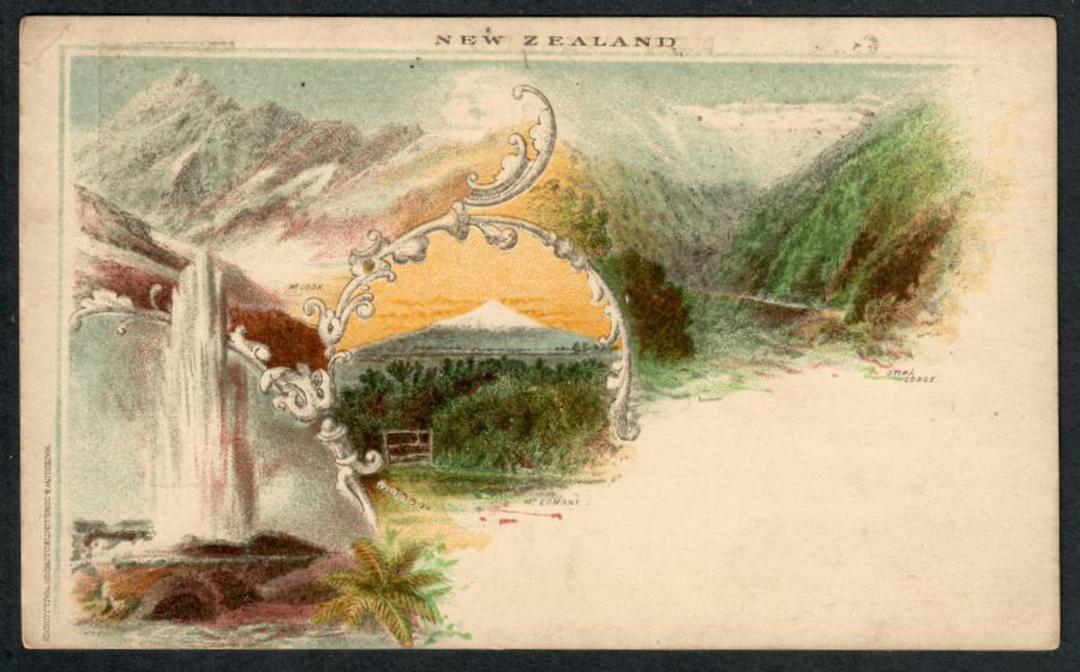 NEW ZEALAND 1897 Victoria 1st Postal Stationery Postcard 1d Brown with coloured view of Mt Cook Pohutu Geyser Otira Gorge and Mt image 1
