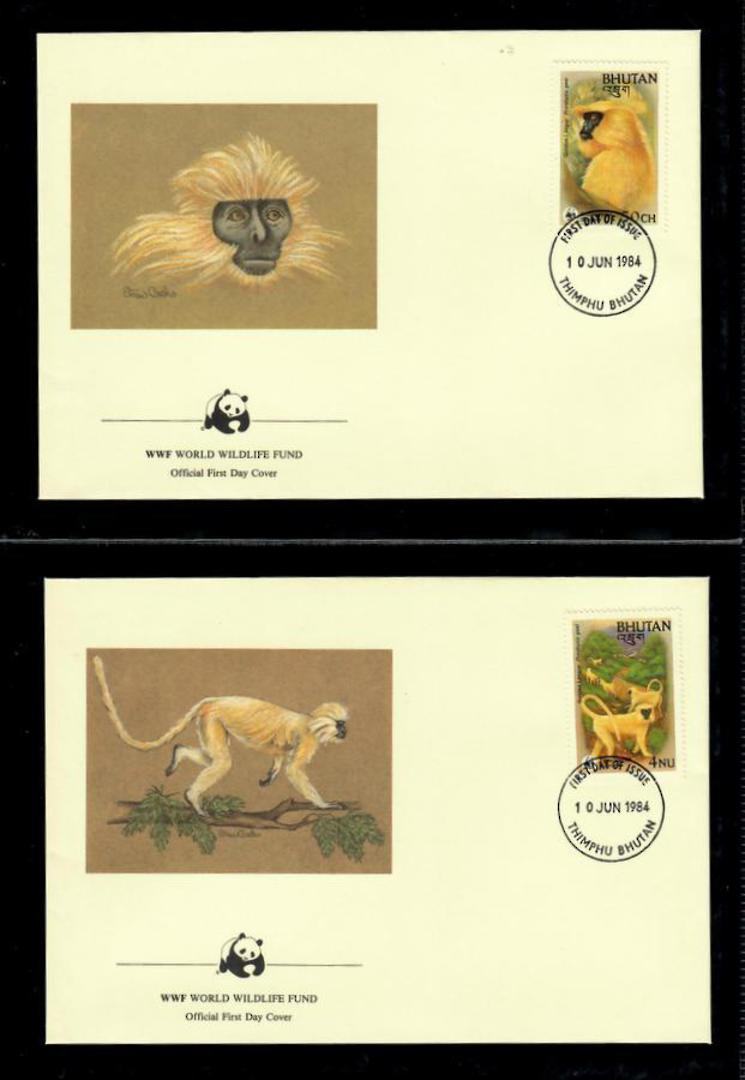 BHUTAN 1984 World Wildfile Fund. Golden Langur. Set of 4 in mint never hinged and on first day covers with 6 pages of official t image 1