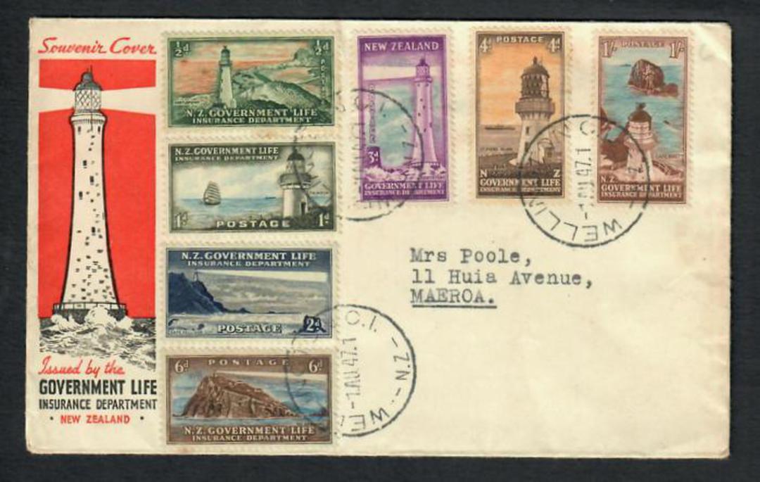 NEW ZEALAND 1947 Lighthouses. Original set of 7 on first day cover dated 1/8/47. - 31423 - FDC image 0