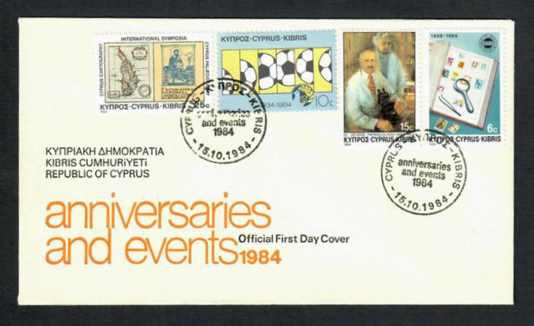 CYPRUS 1984 Anniversaries and Events. Set of 4 on first day cover. SOCCER MAPS STAMP COLLECTING MEDICAL. - 30635 - FDC image 0