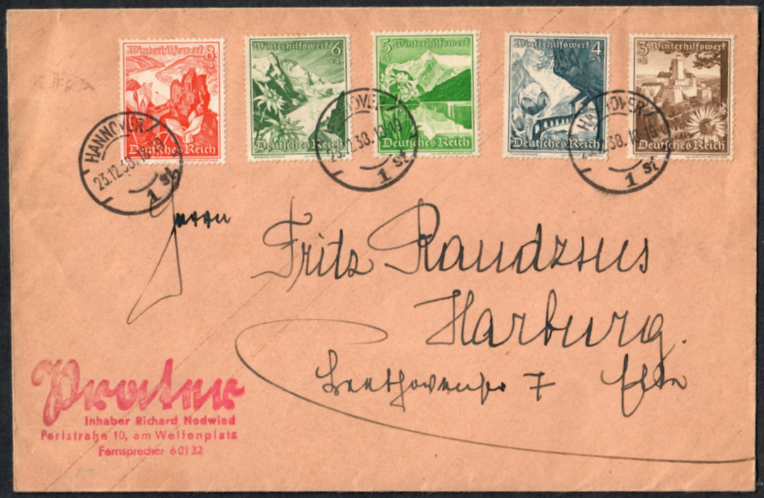 GERMANY 1938 Winter Relief Fund. Set of 9 on cover. - 31363 - PostalHist image 0