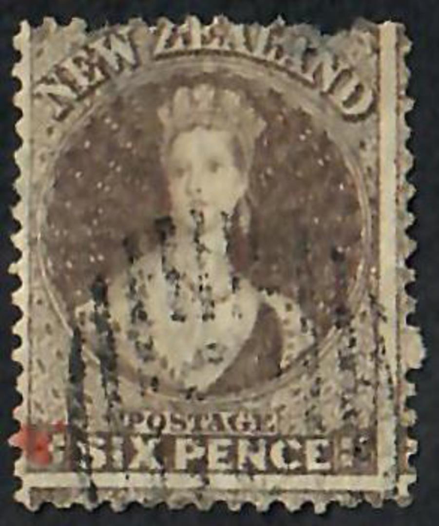 NEW ZEALAND 1862 Full Face Queen 6d Black-Brown. Perf 13. Thin at top. - 60053 - Used image 0