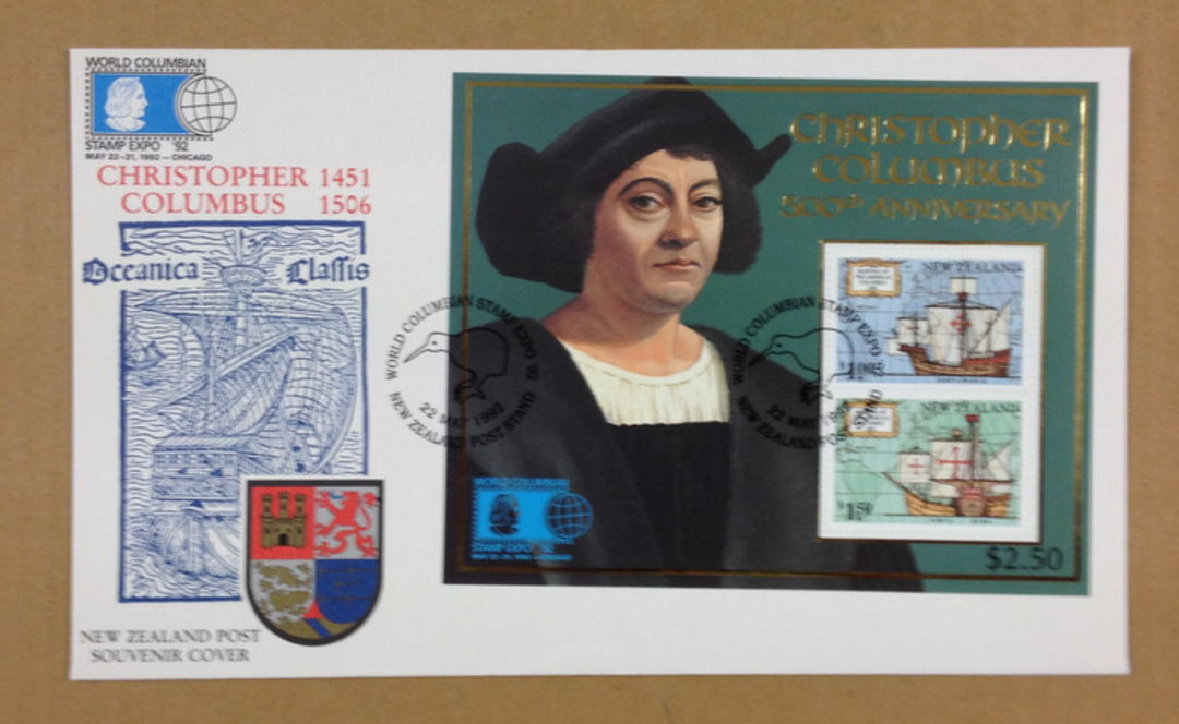 NEW ZEALAND 1992 Columbian International Stamp Exhibition. Miniature sheet on first day cover. - 521044 - FDC image 0