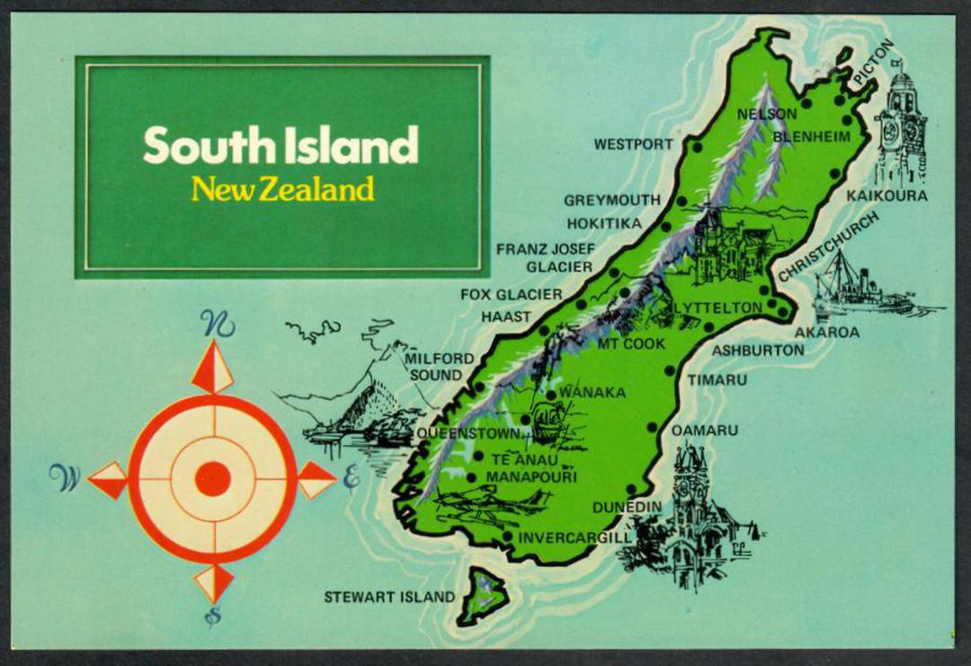 MAP of South Island. Modern Coloured Postcard. - 449776 - Postcard image 0