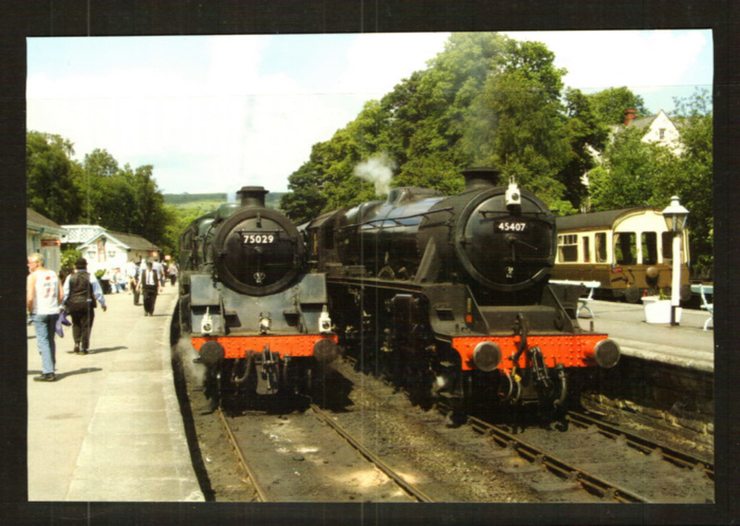 Modern Coloured Postcard of BR class 4MT 4-6-0 #75029 & LMS Class 5 4-6-0 at Grosont Station. - 440030 - Postcard image 0