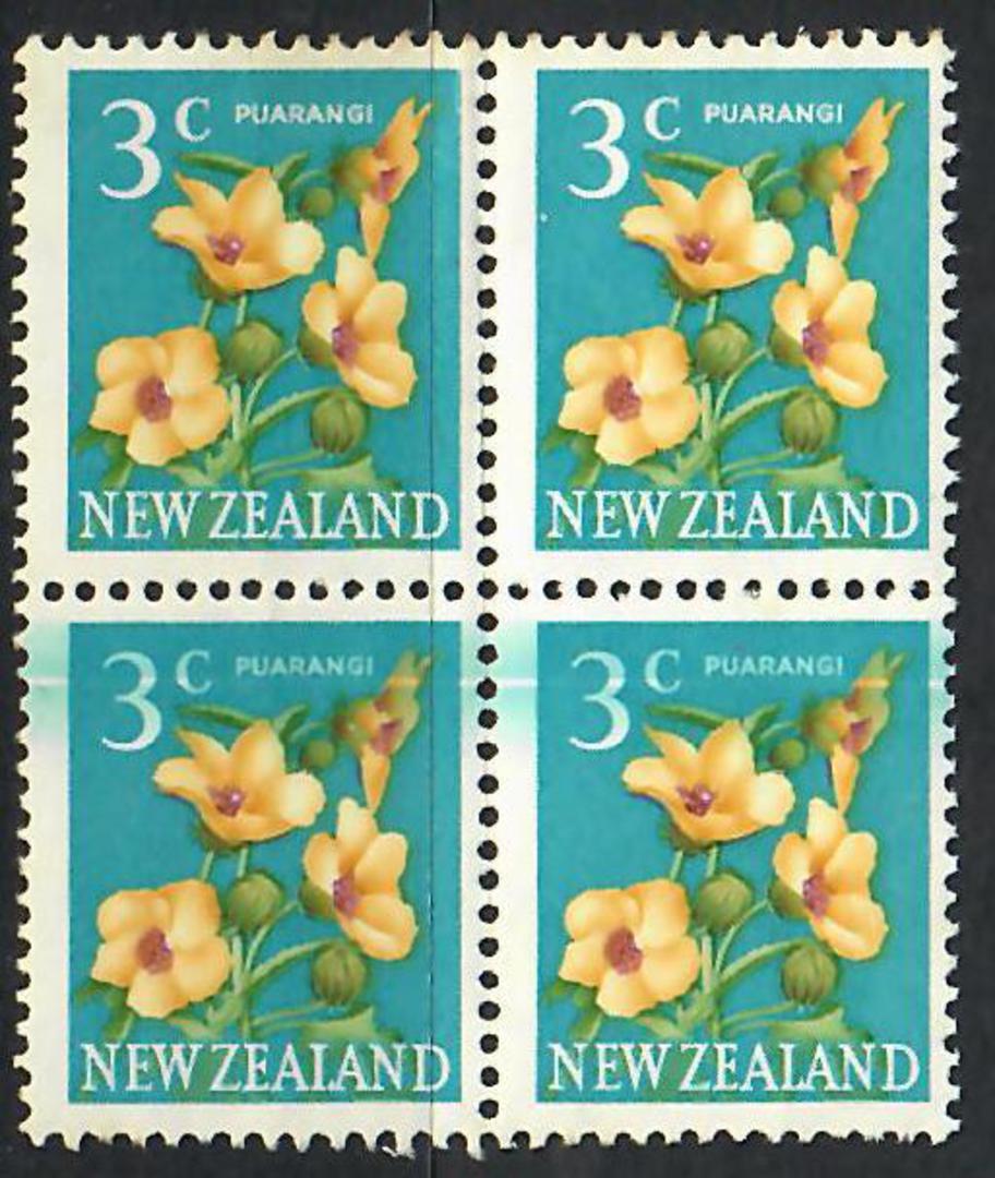 NEW ZEALAND 1967 Pictorial 3c Puarangi. Block of 4 with major doctor blade flaw. - 70470 - UHM image 0
