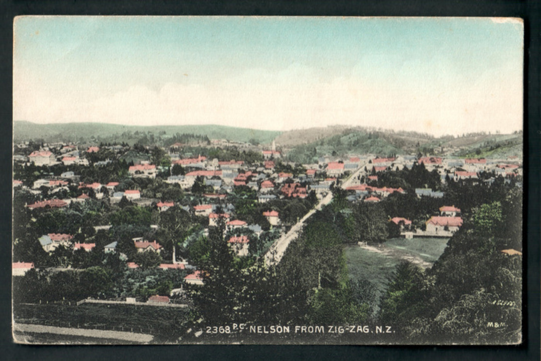 Coloured postcard by Muir and Moodie of Nelson from the zig-zag. - 48638 - Postcard image 0