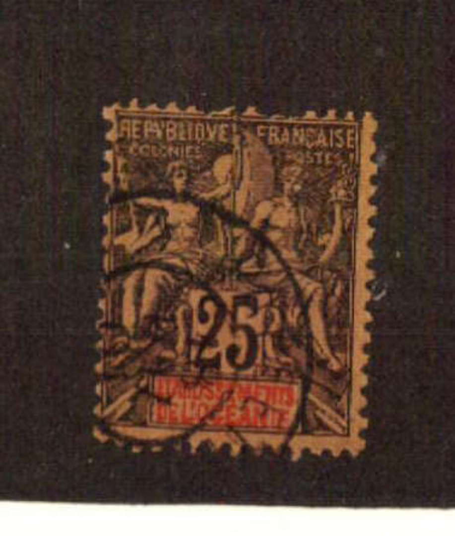FRENCH OCEANIC SETTLEMENTS 1892 Definitive "Tablet" type 25c Black on rose  Three short perfs at top. Nice cancel. - 71152 - FU image 0