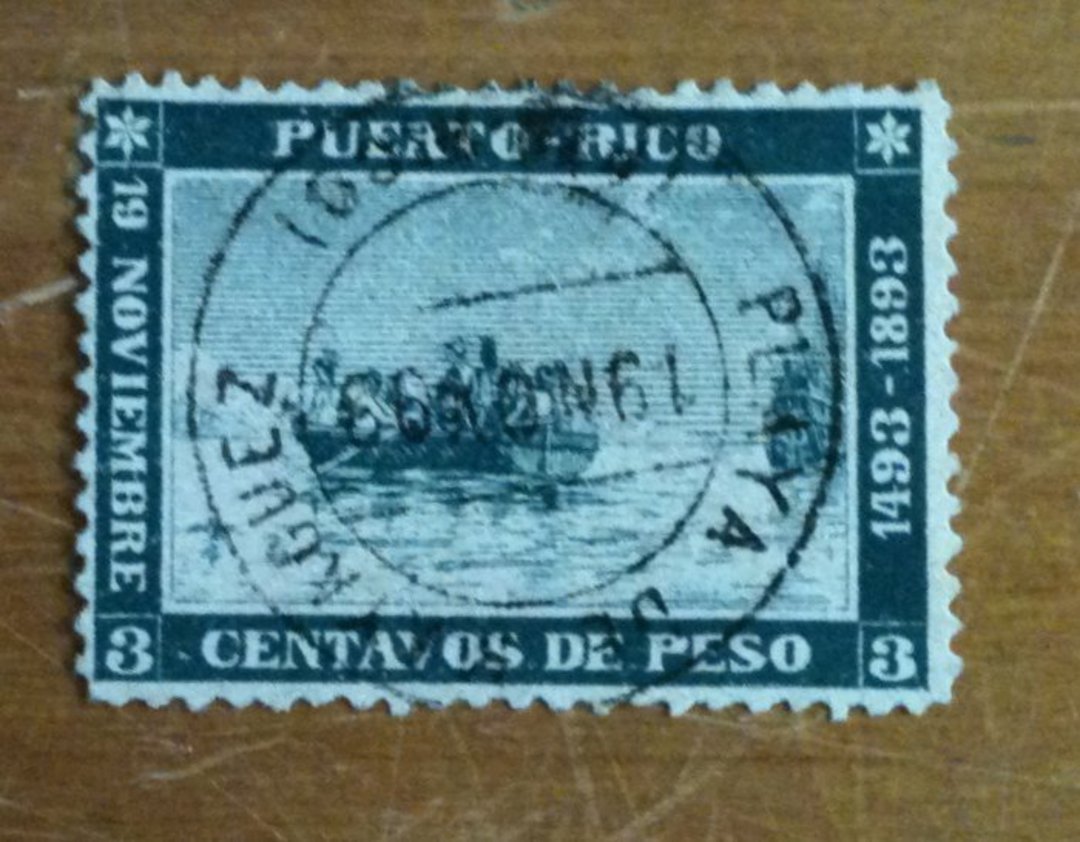 PUERTO RICO 1893 400th Anniversary of the Discovery of America by Christopher Columbus 3c Deep Green. This is a very scarce stam image 0
