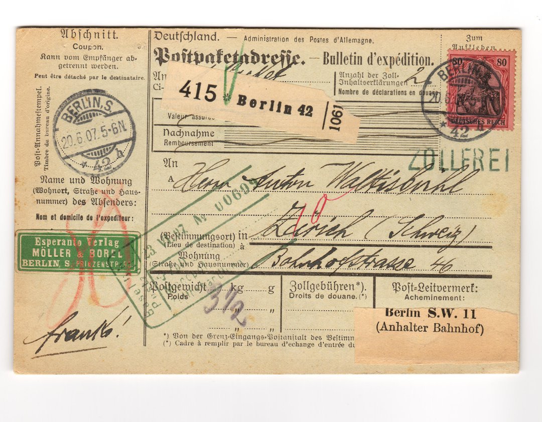 GERMANY 1907 Postcard to Switzerland. Postmarked BERLIN 20/6/07. Green sticker ESPERANTO. - 30940 - PostalHist image 0