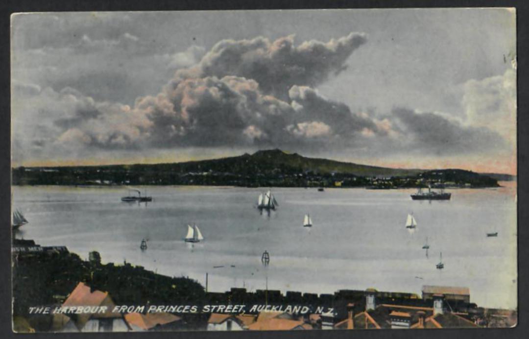 Coloured postcard of Auckland Harbour from Princess Street. - 45407 - Postcard image 0