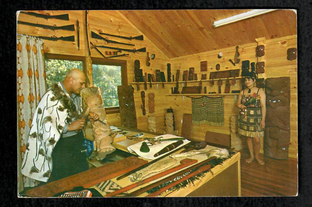 Modern Coloured Postcard by Gladys Goodall of Maori Carver Fairy Springs Rotorua. - 444462 - Postcard image 0