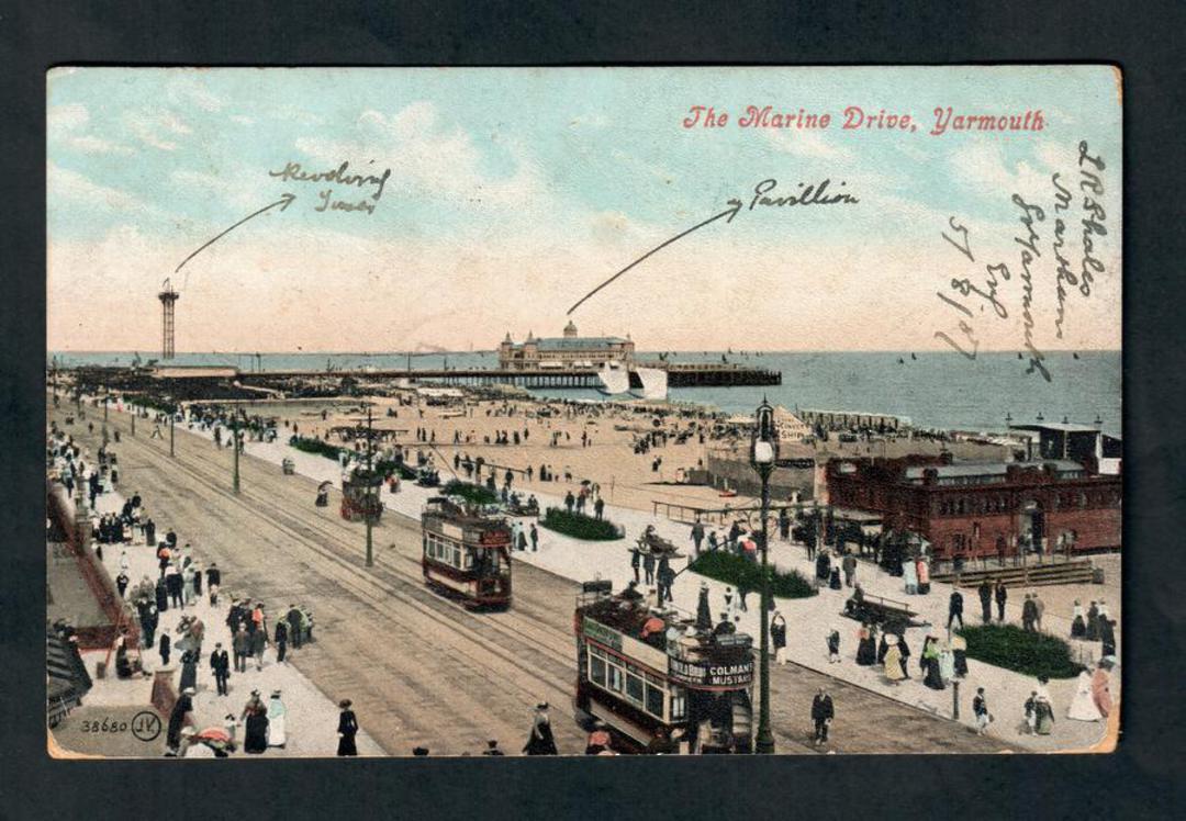 Coloured postcard of The Marine Drive Yarmouth. Trams. - 42554 - Postcard image 0