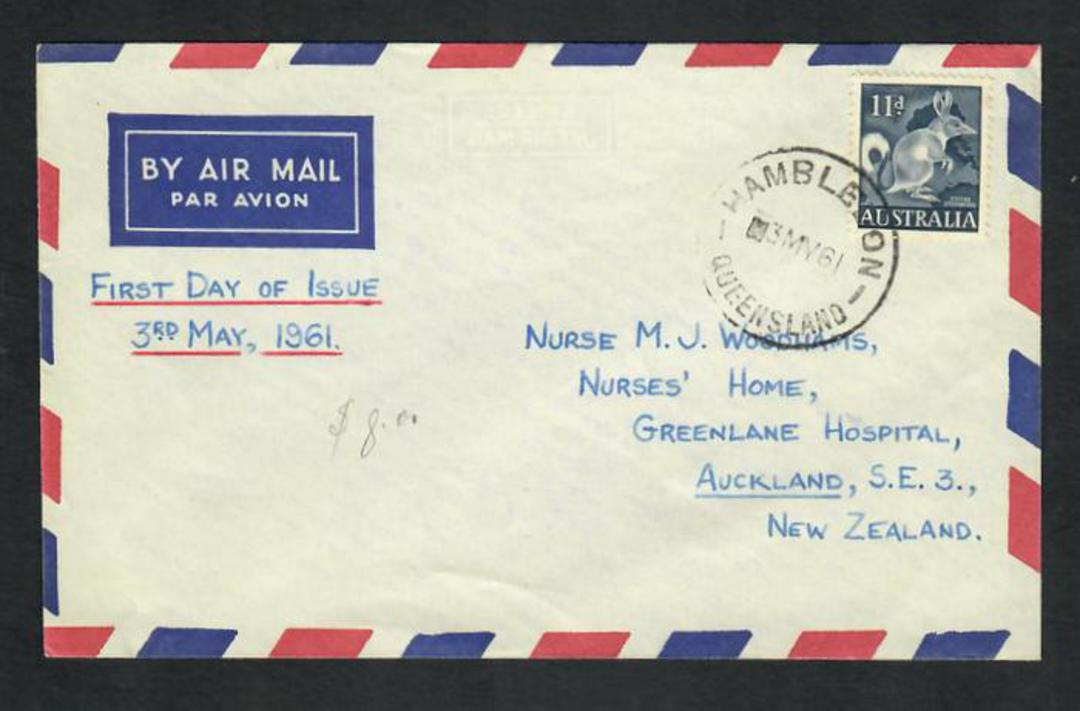 AUSTRALIA 1961 Definitive 11d Blue on first day cover to New Zealand. - 32249 - PostalHist image 0