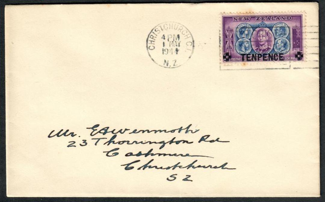 NEW ZEALAND 1944 Cententary Provisional 10d on 1½d Sovreigns on first day cover. Slogan cancel. - 34196 - FDC image 0