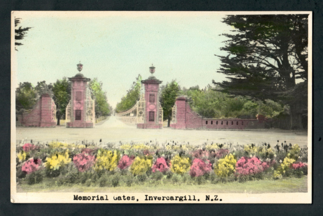 Coloured Real Photograph by N S Seaward of Memorial Gates Invercargill. The original price of 9d appears on the reverse. - 24933 image 0