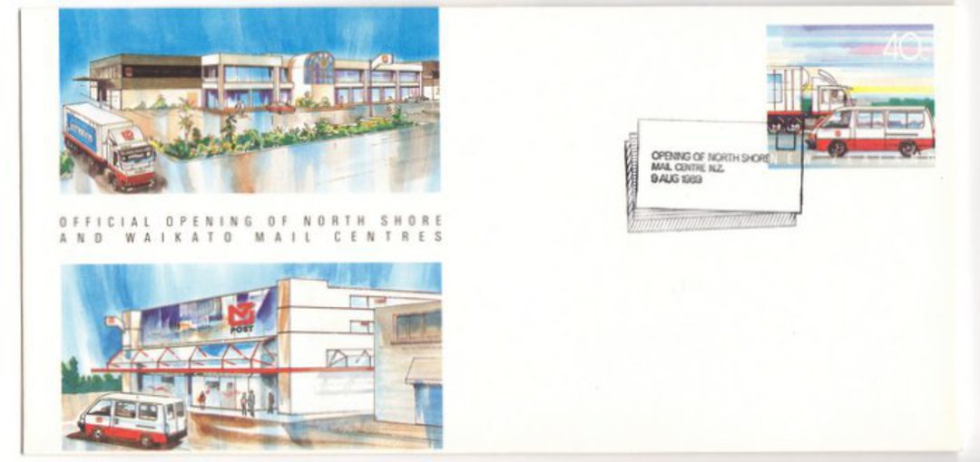 NEW ZEALAND 1989 Opening of North Shore and Waikato Mail Centres. The two souvenir covers with special postmarks. - 130755 - Pos image 1