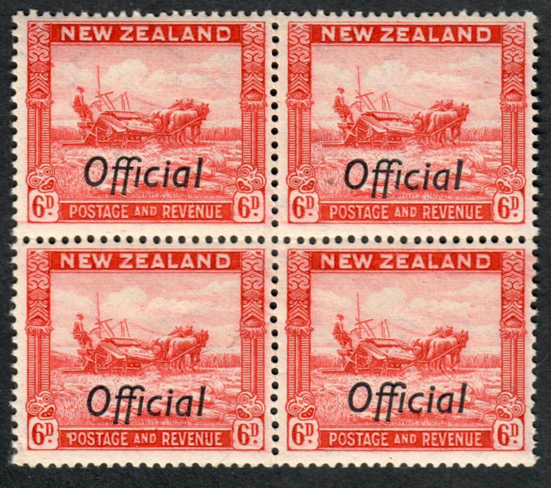 NEW ZEALAND 1935 Pictorial Official 6d Harvester. Perf 14½x14. Fine paper. Block of 4. - 75038 - UHM image 0