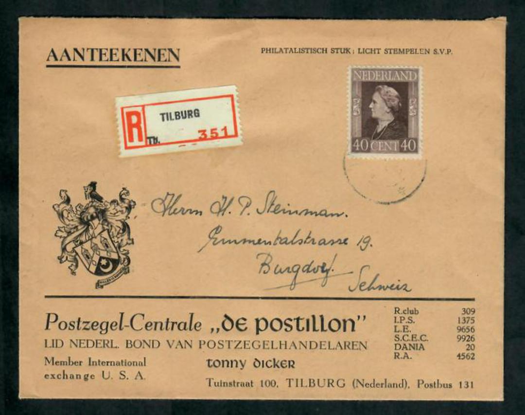 NETHERLANDS 1947 Registered Letter from Tilburg Holland to Burgdorf Switzerland (backstamp). Top condition. - 30374 - PostalHist image 0