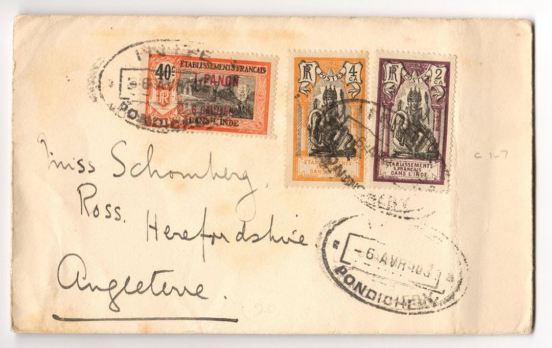 FRENCH INDIAN SETTLEMENTS 1938 Letter from Pondicherry to England. - 37523 - PostalHist image 0